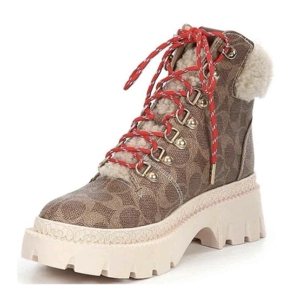 Coach Shoes - Coach Janel‎ Signature Logo Print Shearling Accent Lug Sole Hiker Booties Sz-8.5